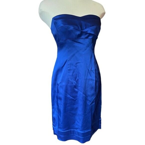 Tahari Blue Satin Strapless Dress Sz 6 Pencil Mini Dress Cocktail Night - Picture 1 of 9
